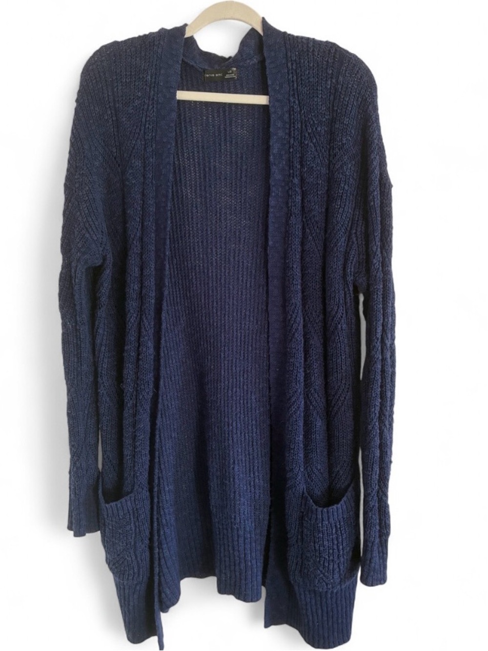 Verve Ami Navy Blue Open-Front Knit Cardigan with Pockets Large